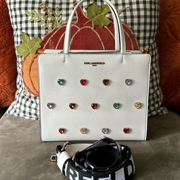 🌈🔹️KARL LAGERFELD🔹️ Maybelle white rainbow hearts Satchel 🌈 EUC - Picture 1 of 6